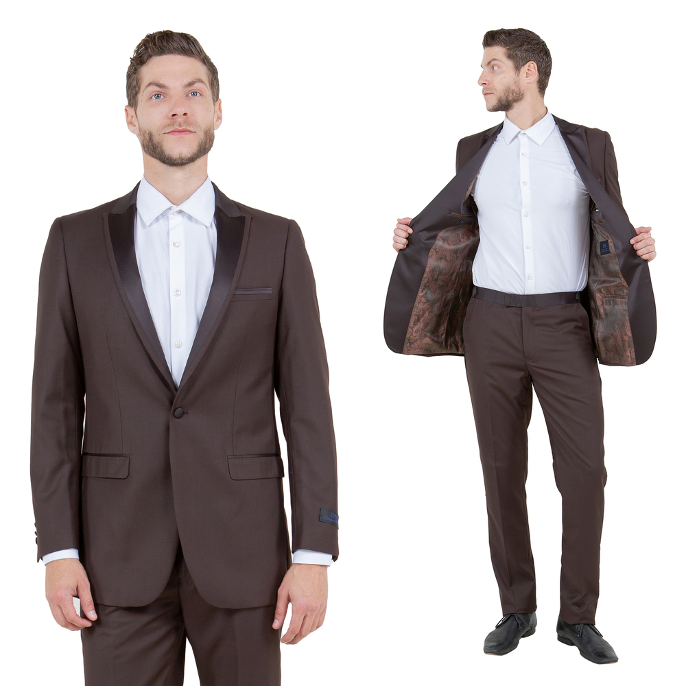 Slim Fit 2pc Tuxedo w/ Satin Peak Lapel by Bryan Michaels, Brown